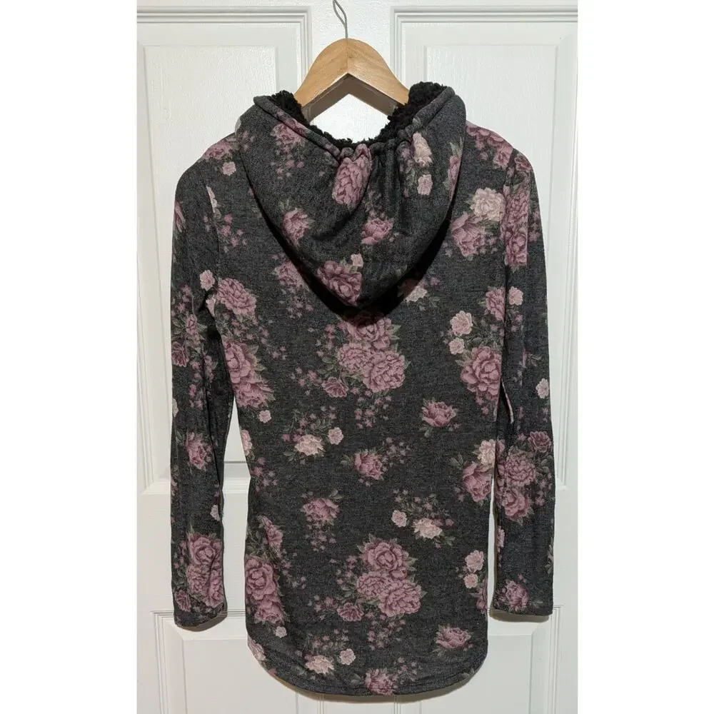 Ultra Flirt Large Gray Lightweight Sherpa Lined Hoodie Pink Floral Tunic To, L - Picture 5 of 9
